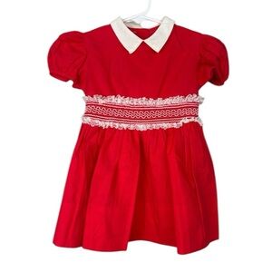Mary Jane Vintage Toddler Girl Red White Lace Collar Dress Christmas